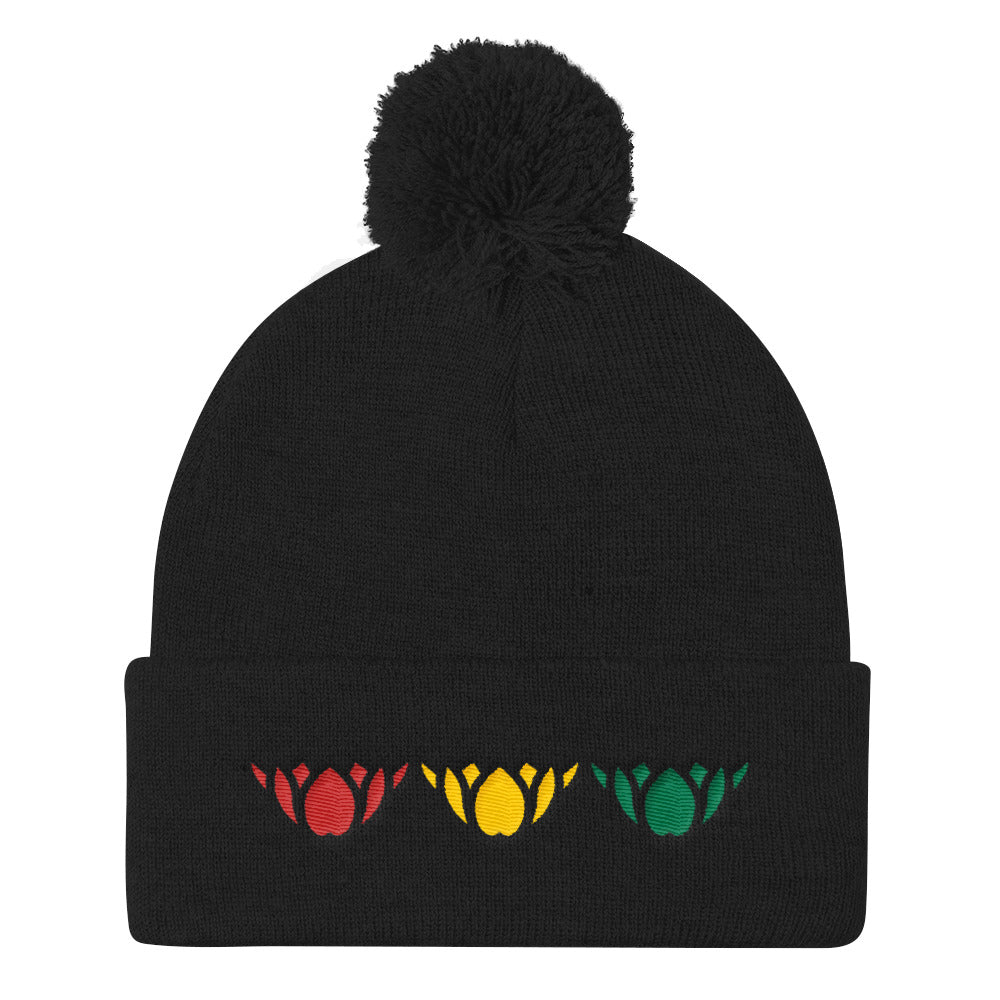 Red Gold & Green-Pom Pom Knit Cap