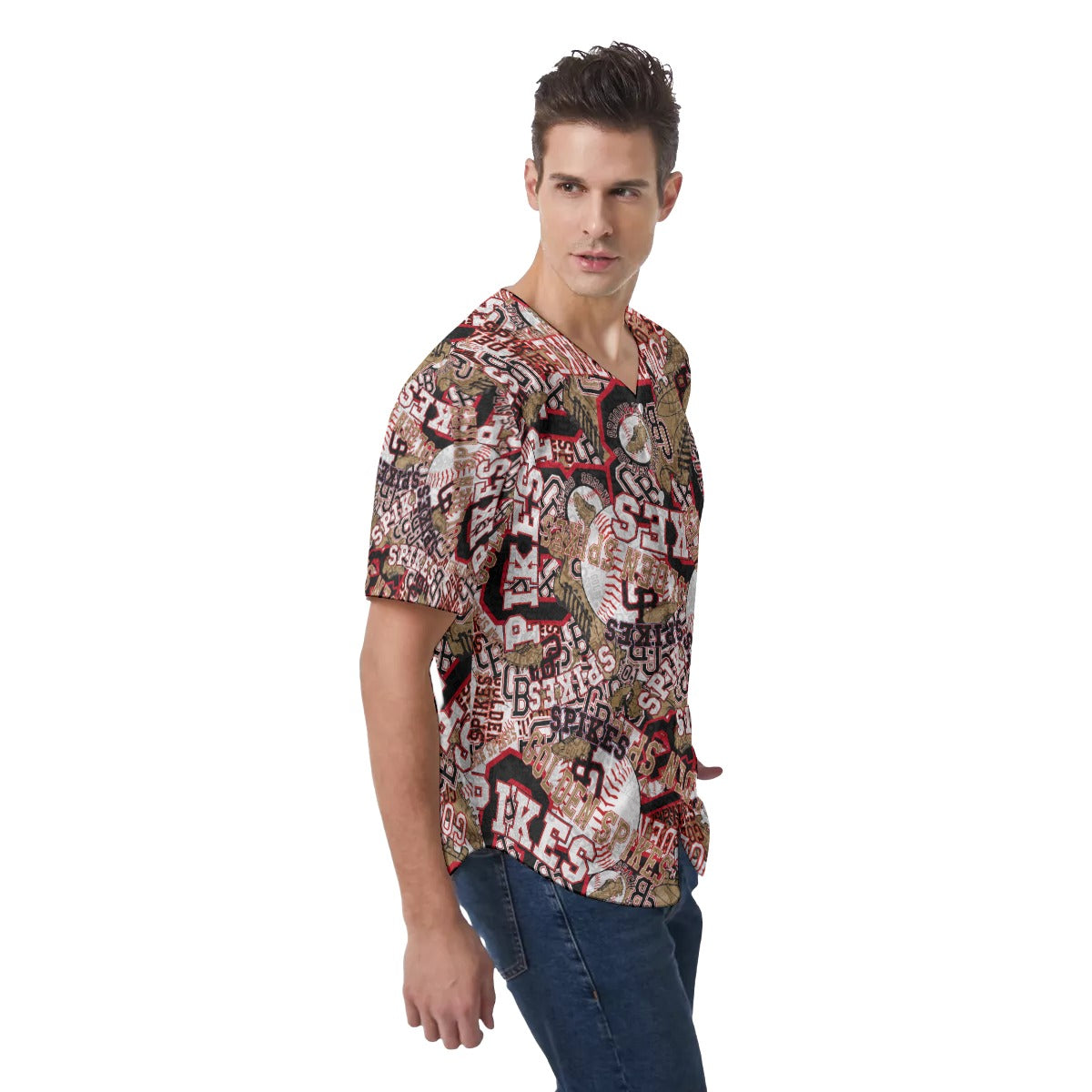 Spikes-All-Over Print Men's Short Sleeve Baseball Jersey