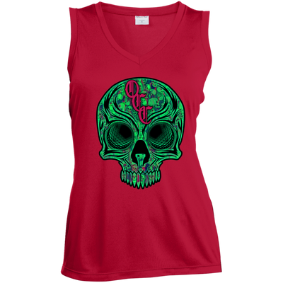 OCC SKULL 1 GRN LST352 Ladies' Sleeveless V-Neck Performance Tee